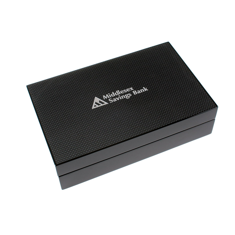 Glossy Rectangular Black Box with Carbon Fiber Finish Lid