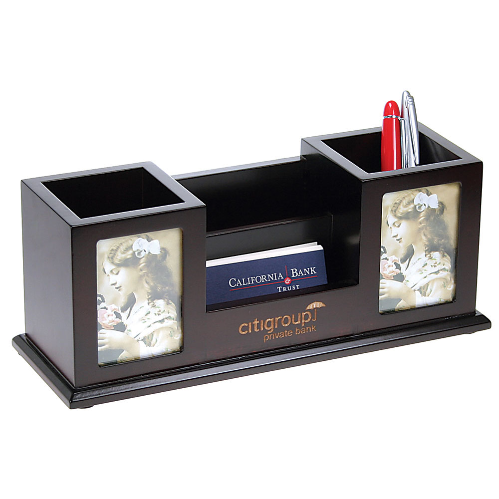 Wooden Desk Set Two Pencil Cups with Frames and Card Holder