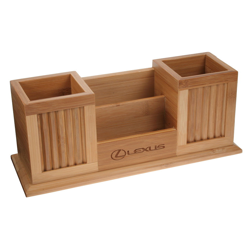 Bamboo Desk Set with Two Pencil Cups and Business Card/Memo Holder