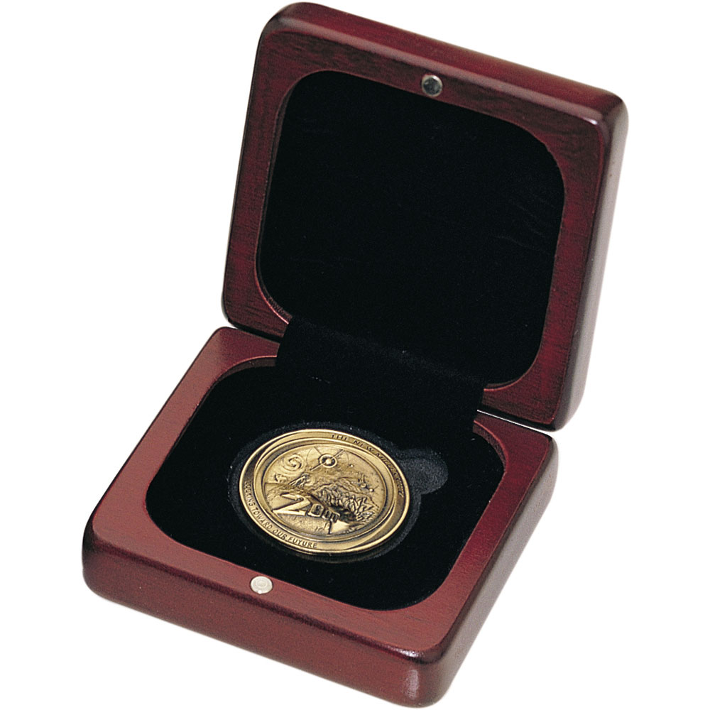 Small, Square Rosewood Finish Coin Box (Holds 1-5/8" Coin)