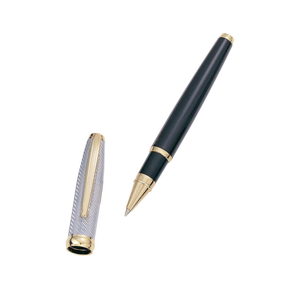 Black Lacquer Roller Ball Pen with Gold Accents and Etched Cap