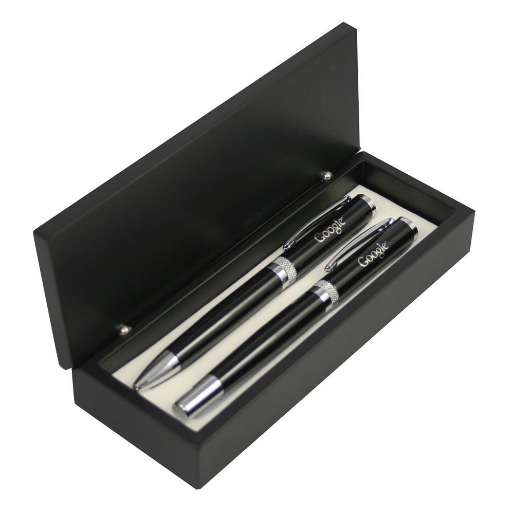 Glossy Black Ballpoint and Roller Ball Pen with Diamond Cut Ring Pen Set