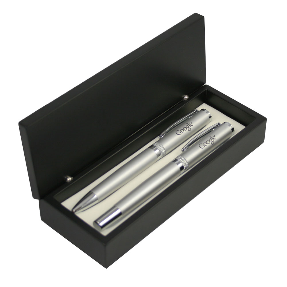 Satin Silver Ballpoint and Roller Ball Pen with Diamond Cut Ring Pen Set