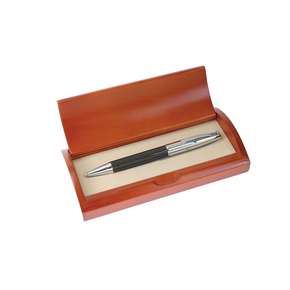 Executive Carbon Fiber/Chrome Ball Pen in Curved Wooden Box