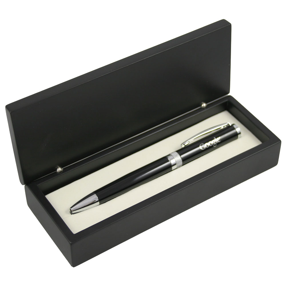 Glossy Black Ballpoint Pen with Diamond Cut Ring in Wooden Box