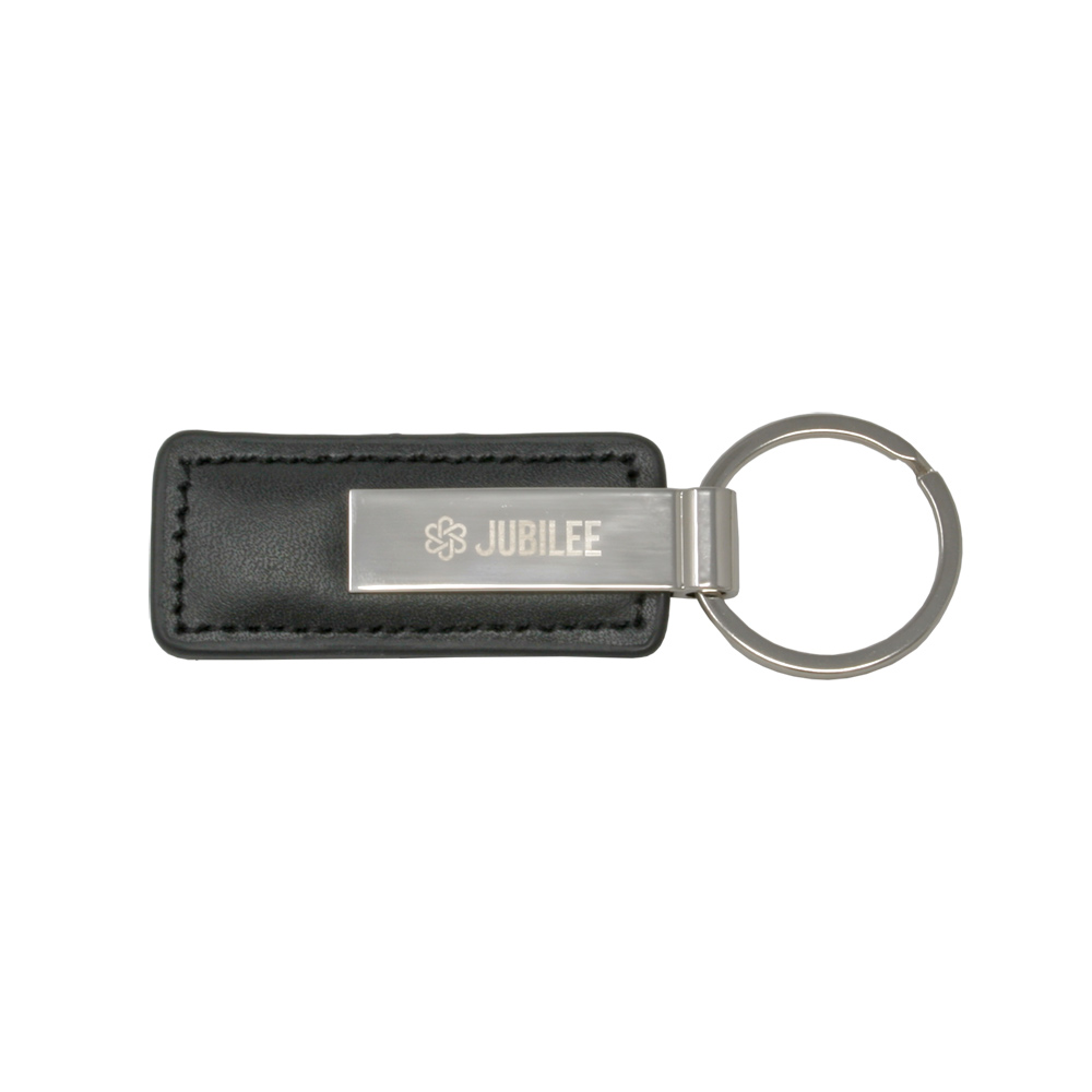 Rectangular Black Leather Key Chain with Short Metal Strip