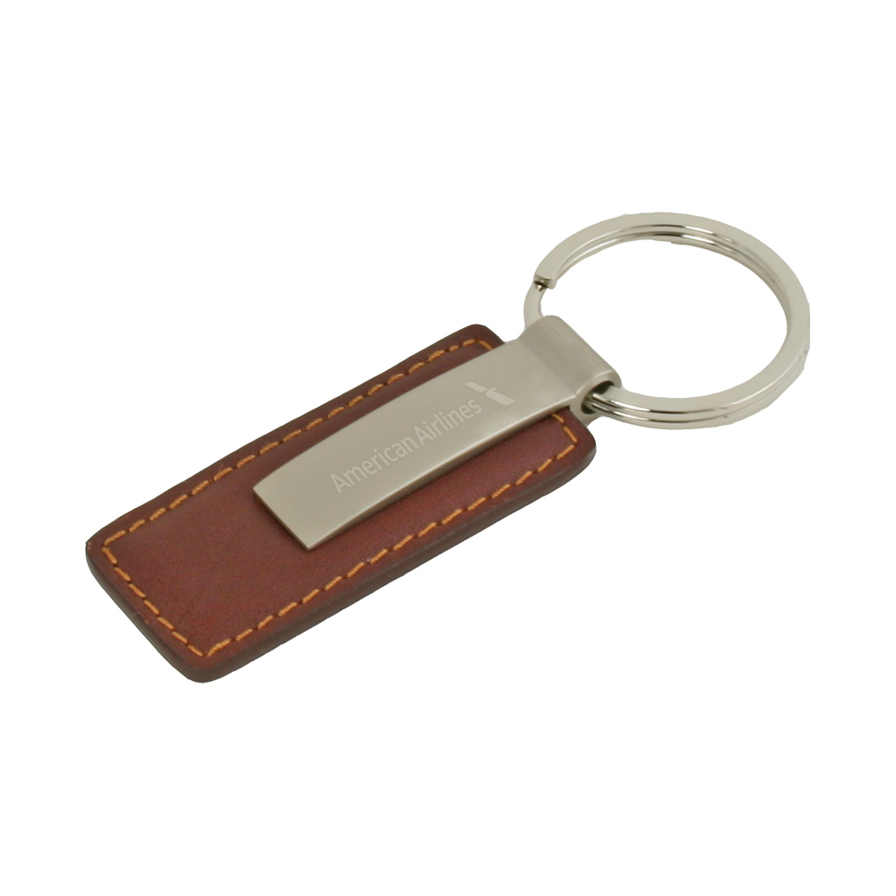 Rectangular Dark Brown Leather Key Chain with Short Metal Strip
