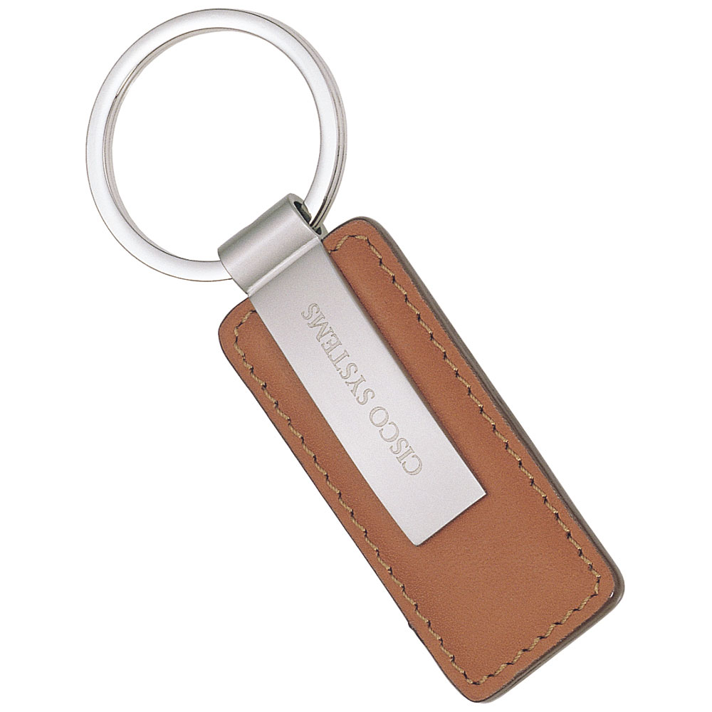 Rectangular Brown Leather Key Chain with Short Metal Strip
