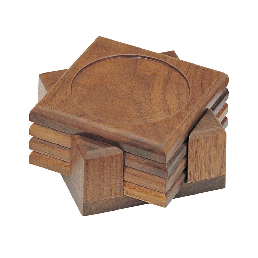 Four Piece Walnut Finish Coaster Set with Holder