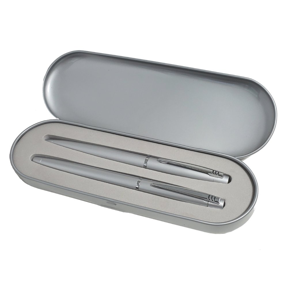 Satin Silver Executive Ball Pen and Roller Ball Pen Tin Box