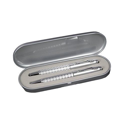 Satin Chrome Etched Barrel Executive Ball Pen and Roller Ball Pen Tin Box