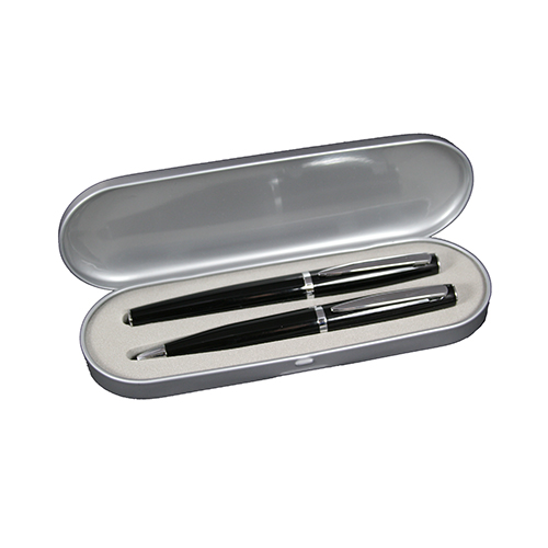 Glossed Black Executive Ball Pen and Roller Ball Pen Tin Box