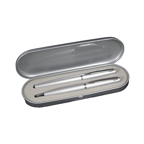 Satin Chrome Executive Ball Pen and Roller Ball Pen Tin Box