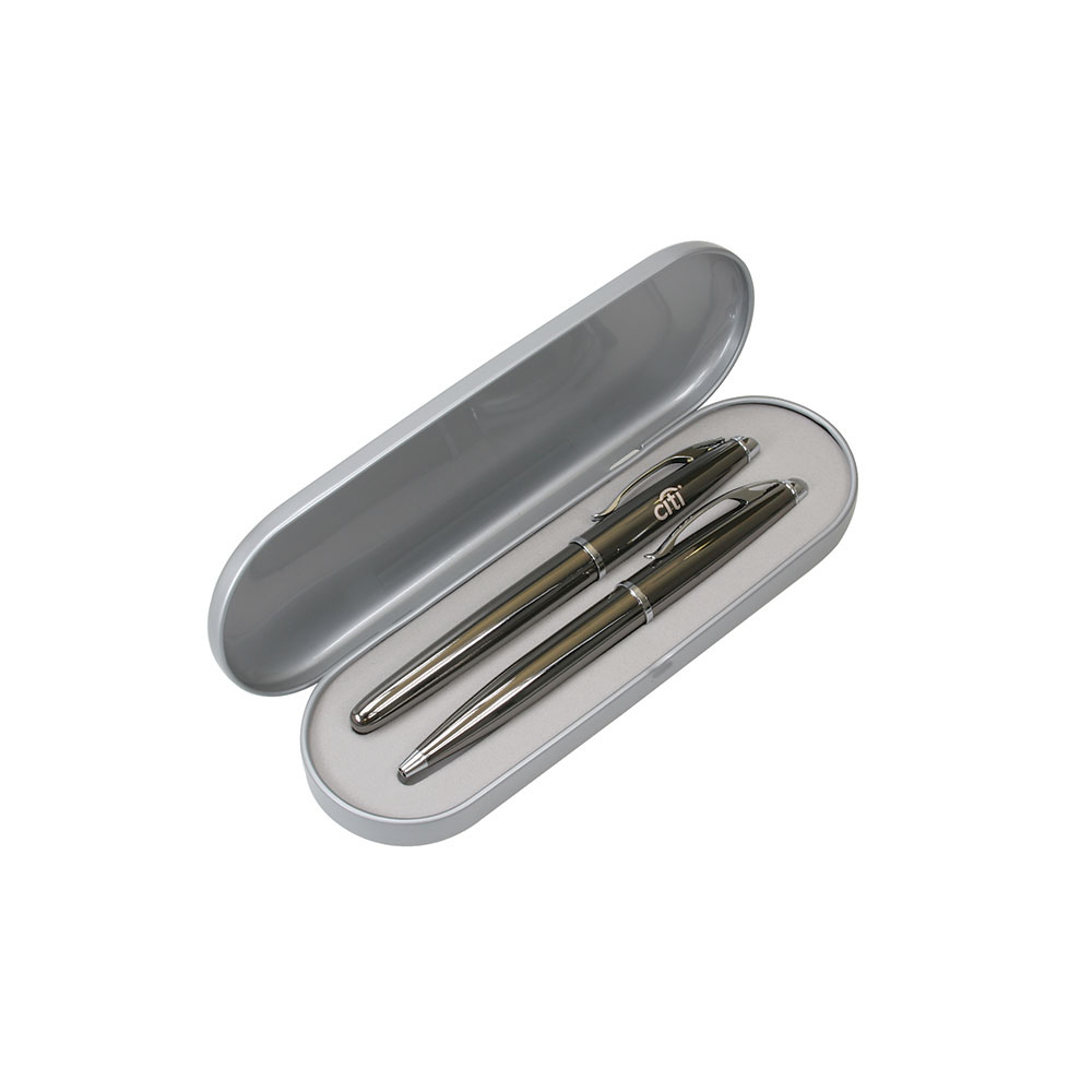 Gunmetal Finish Ball and Roller Ball Pen Tin Box