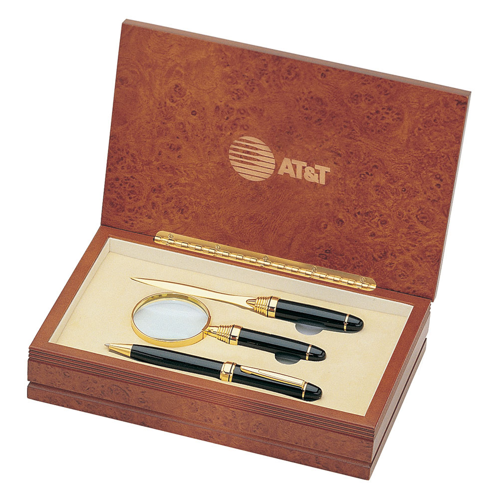 Executive Pen, Magnifier, and Letter Opener Set in Wood Box