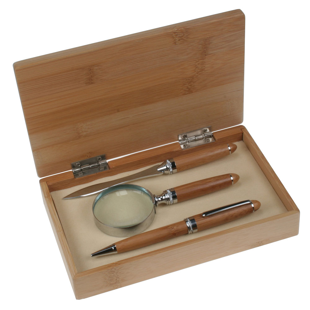 Bamboo Ballpoint Pen, Letter Opener, and Magnifying Gift Set