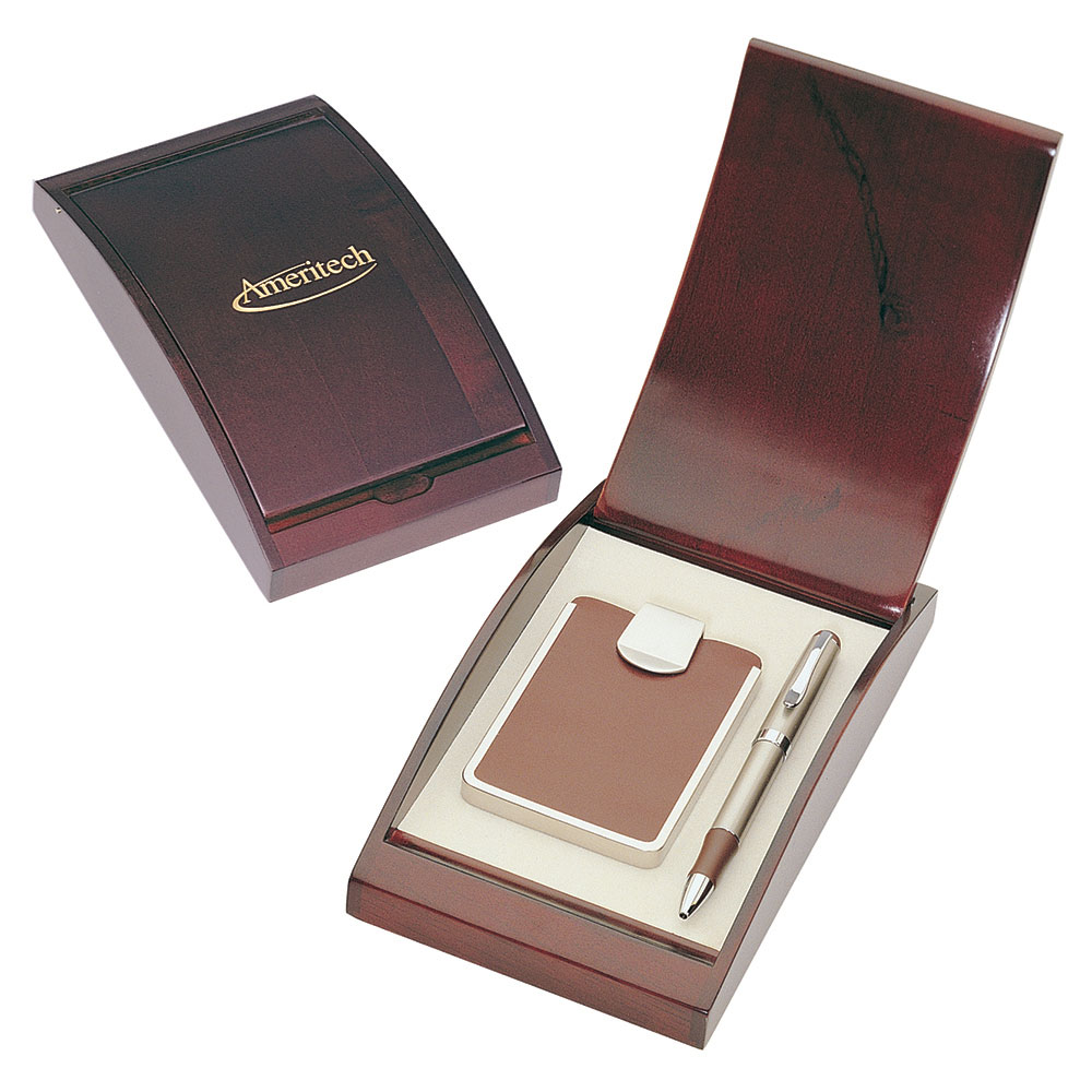 Brown Leather Business Card Case with Pen Gift Set