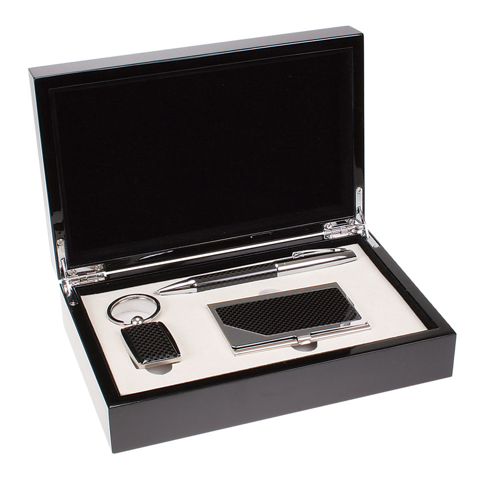 Carbon Fiber Finish Pen, Card Case and Key Chain Gift Set