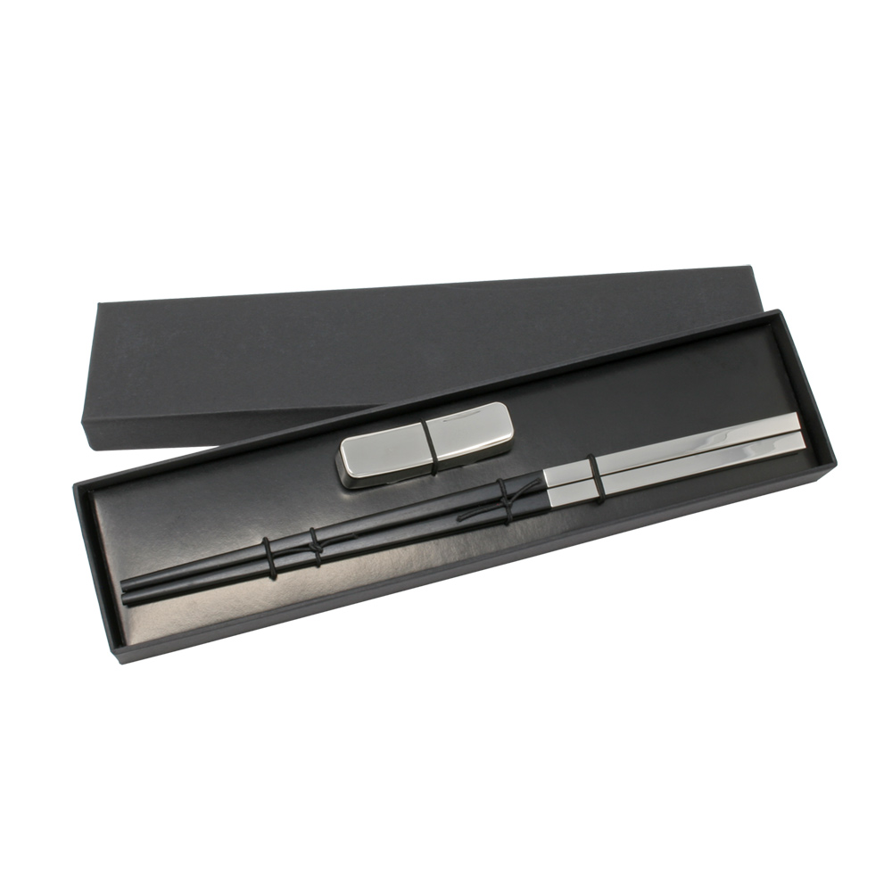 Nickel Plated Ebony Chopsticks with Resting Cradle in Black Cardboard Box