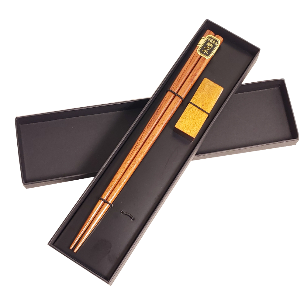 Wooden Brown Chopsticks with Resting Cradle in Cardboard Box
