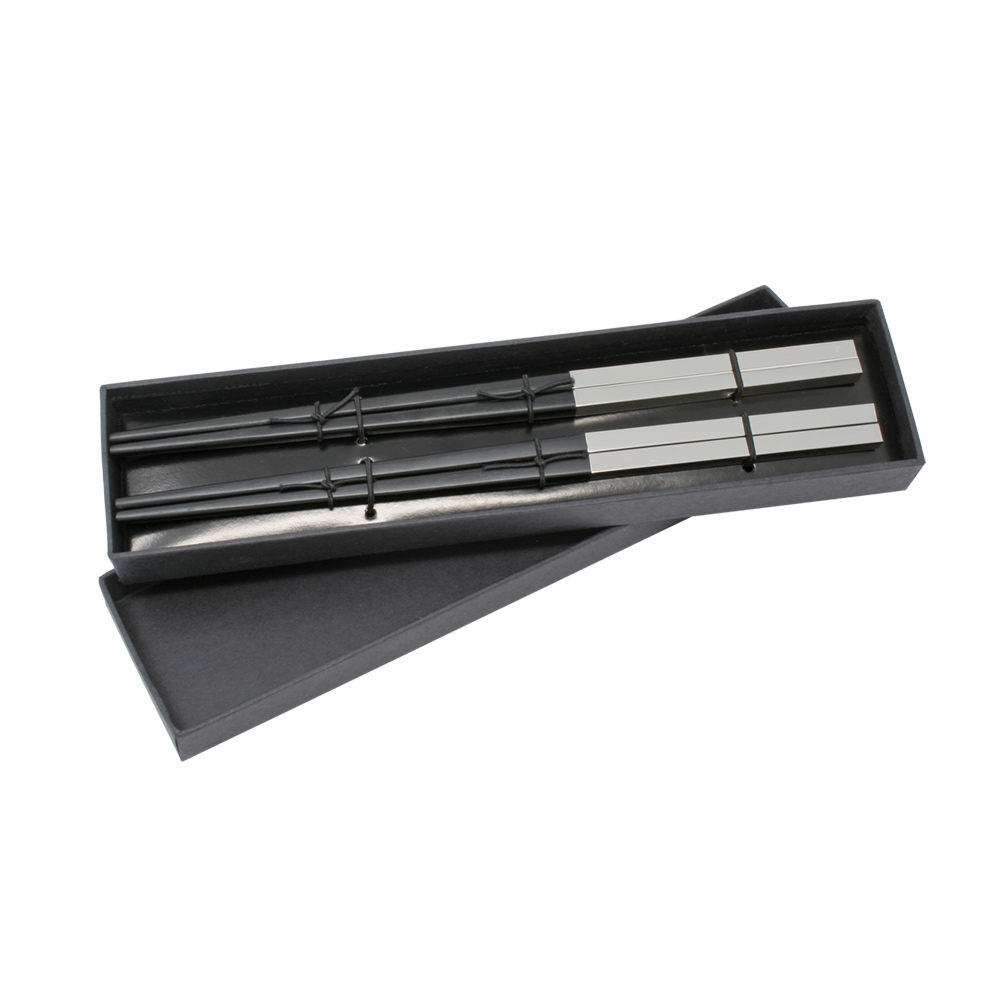 Set of Two Nickel Plated Ebony Chopsticks in Cardboard Box