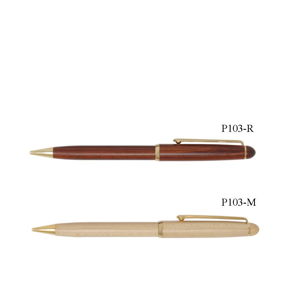 Medium Sized Solid Wooden Ballpoint Pen with Gold Accents