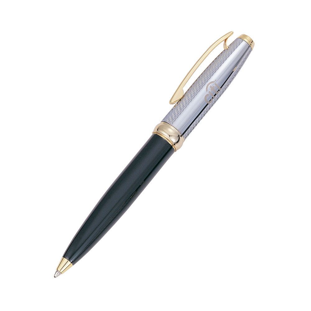 Black Lacquer Ballpoint Pen with Gold Accents and Etched Cap