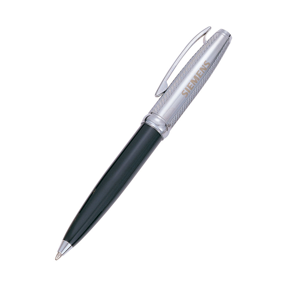 Black Lacquer Ballpoint Pen with Silver Accents and Etched Cap