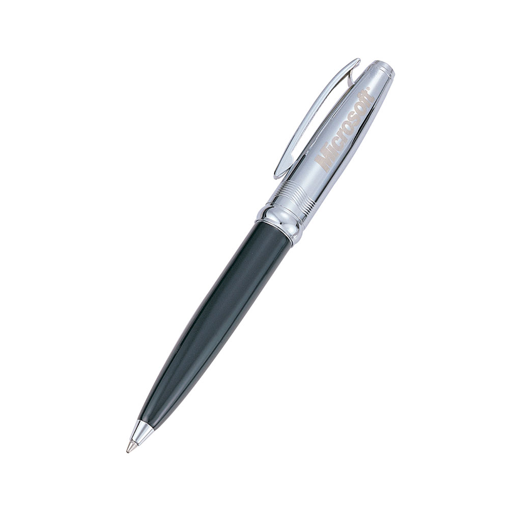 Executive Glossy Black Ballpoint Pen with Chrome Cap and Etched Wave Design