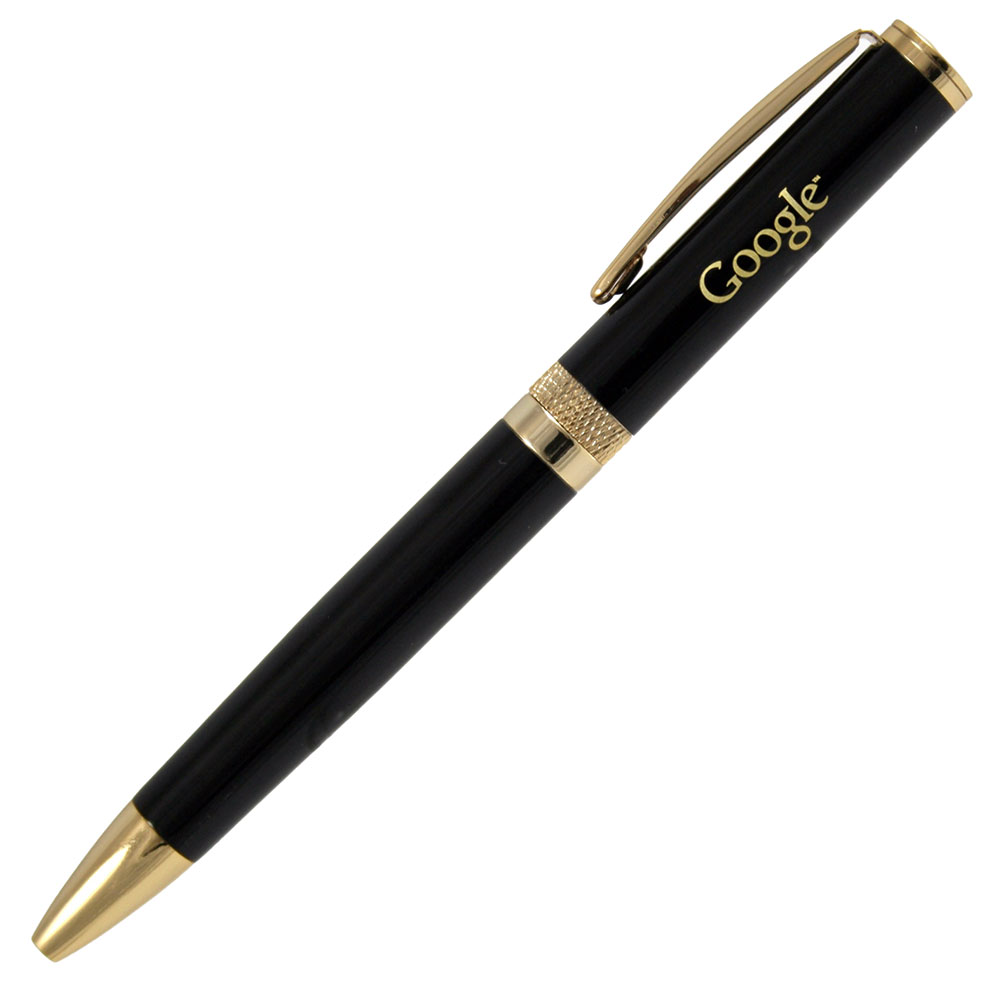 Glossy Black Ballpoint Pen with Gold Cut Accents