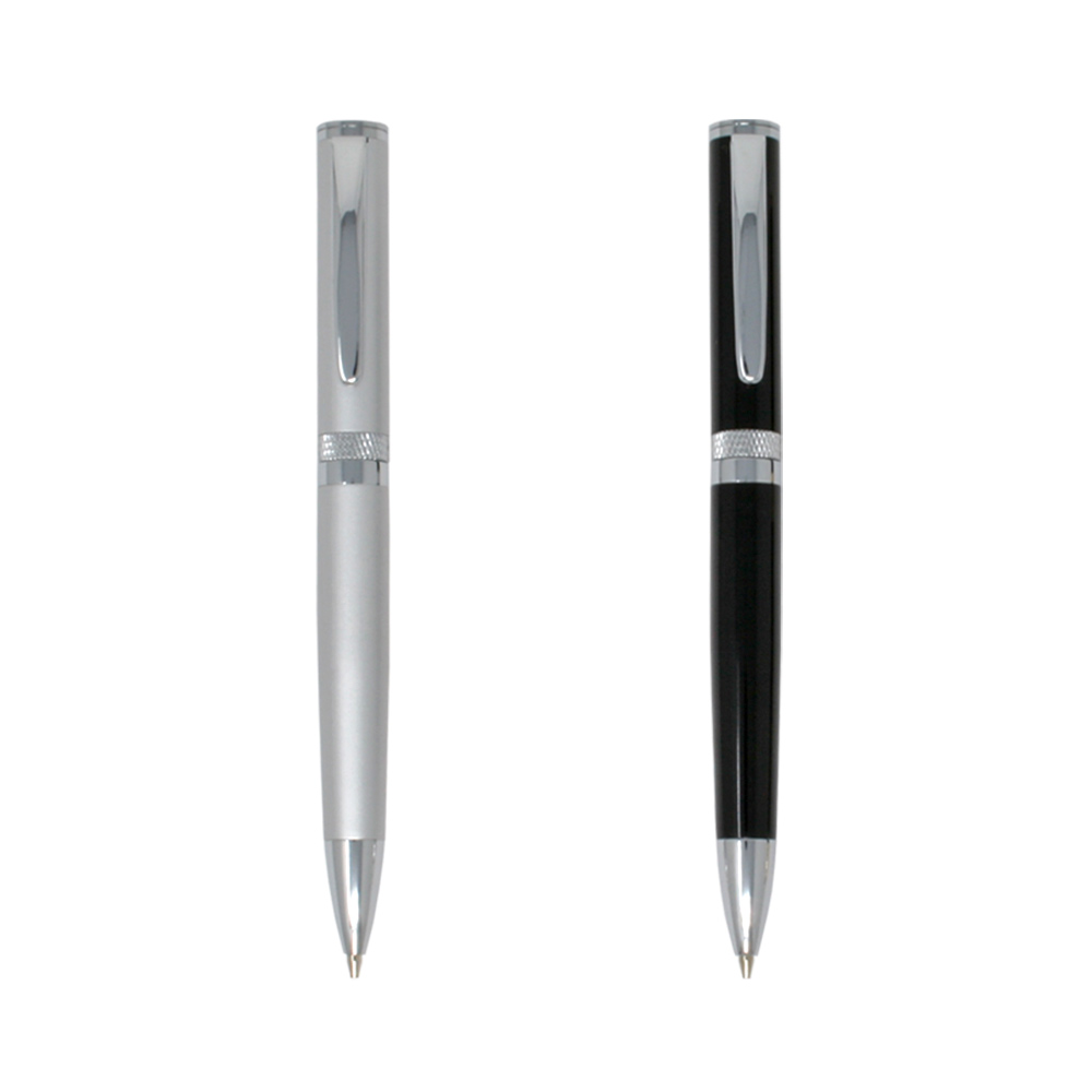 Satin Silver or Black Finish Ballpoint Pen with Diamond Cut Ring