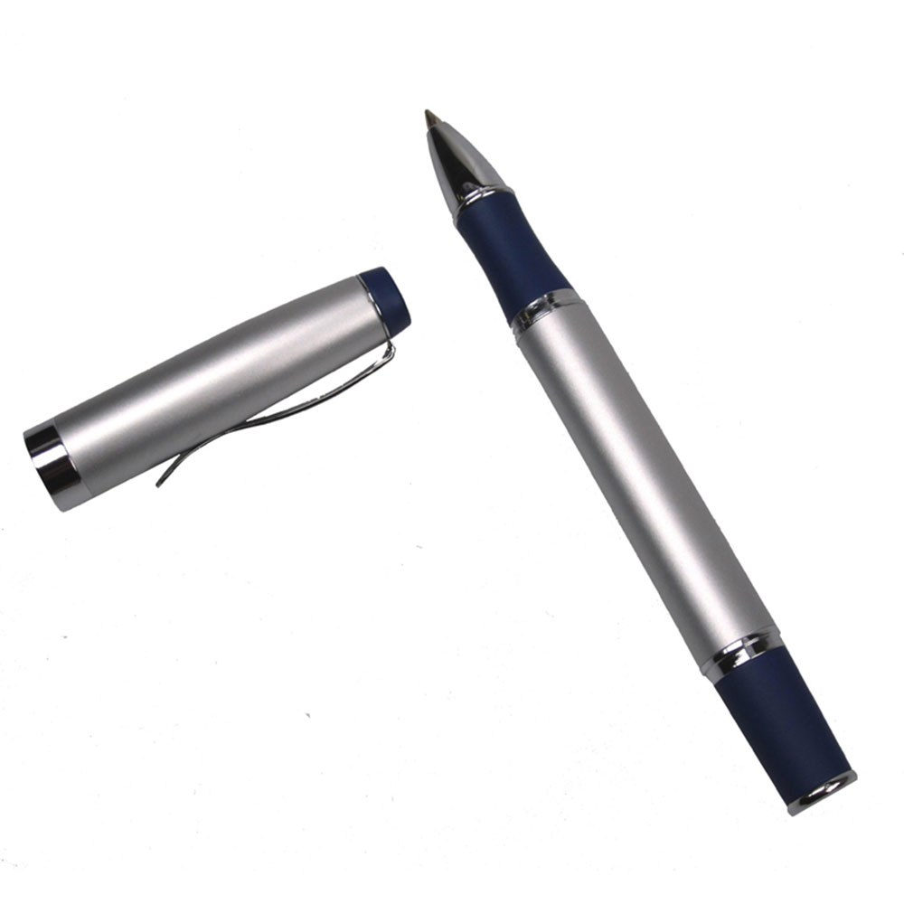 Satin Chrome Roller Ball Pen with Blue Grip
