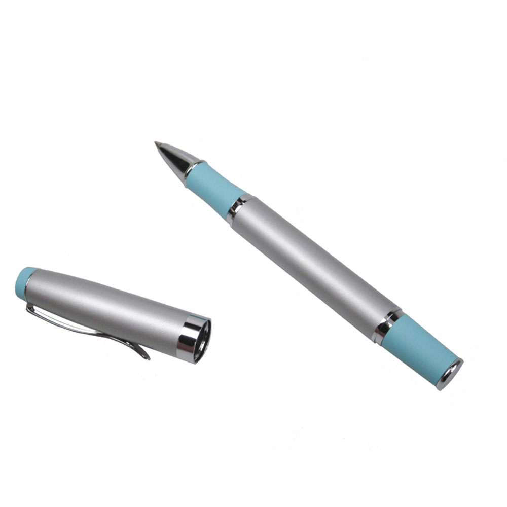 Satin Chrome Roller Ball Pen with Pastel Blue Grip