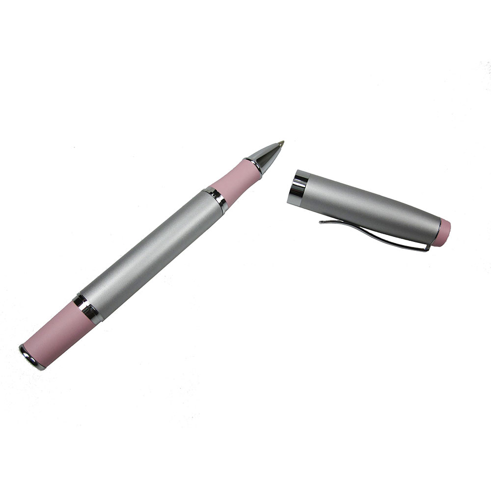 Satin Chrome Roller Ball Pen with Pastel Pink Grip
