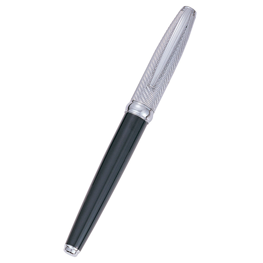 Black Lacquer Roller Ball Pen with Silver Accents and Etched Cap