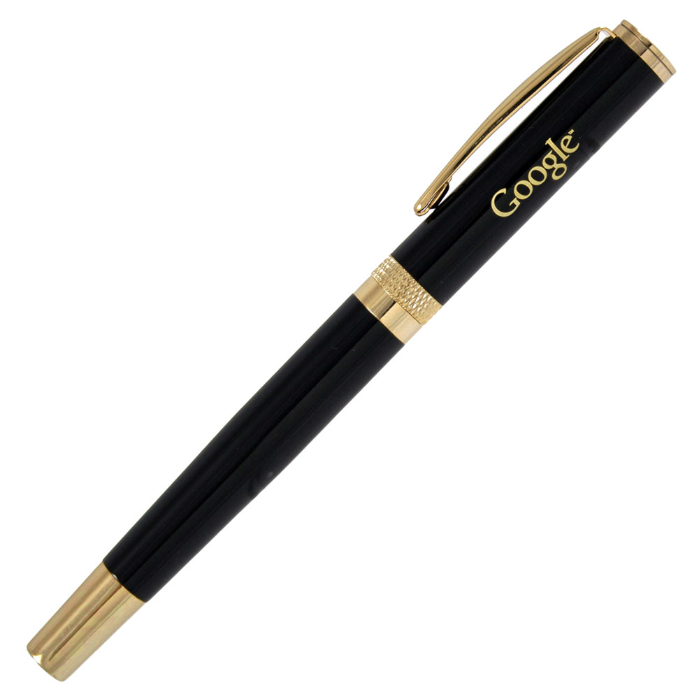 Glossy Black Roller Ball Pen with Gold Cut Accents