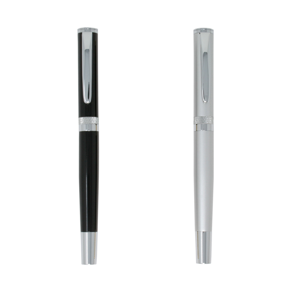 Satin Silver or Black Roller Ball Pen with Diamond Cut Ring