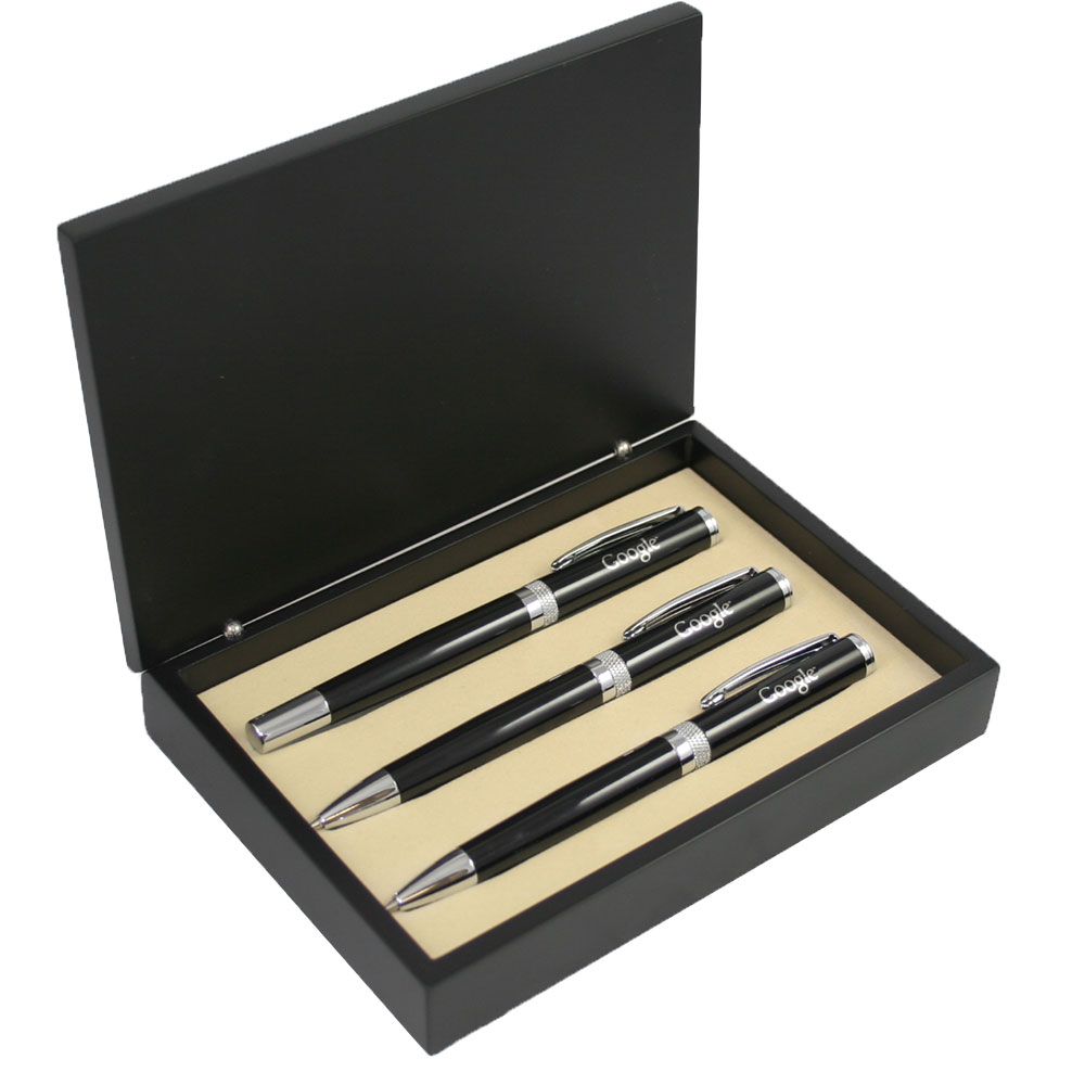 Glossy Black Ballpoint and Roller Ball Pen with Pencil Diamond Cut Ring Pen Set