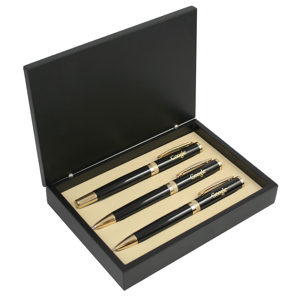 Glossy Black Ballpoint and Roller Ball Pen with Pencil Gold Cut Accent Pen Set