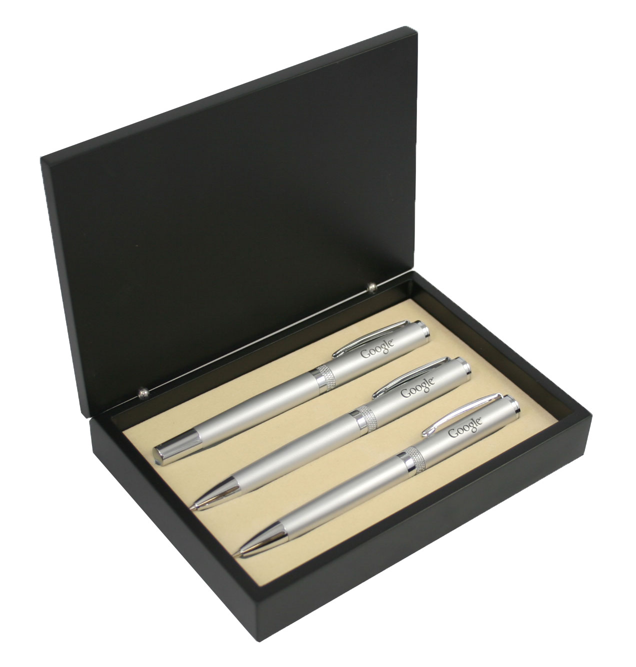 Satin Silver Ballpoint and Roller Ball Pen with Pencil Diamond Cut Ring Pen Set