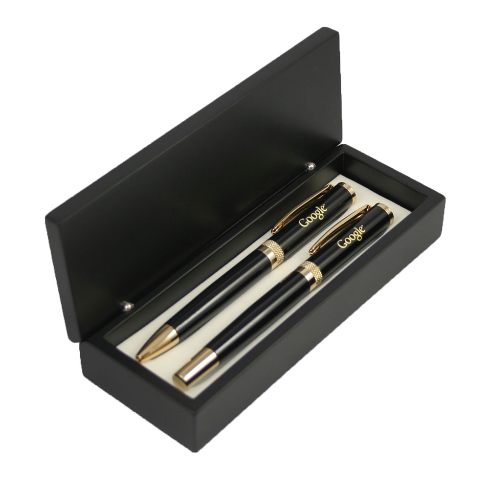 Glossy Black Ballpoint and Roller Ball Pen with Gold Cut Accent Pen Set