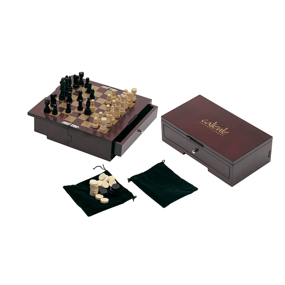 Elegant Chess and Checker Set on Wooden Drawer