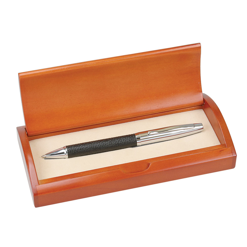 Executive Black Leather Ball Pen in Curved Wooden Box
