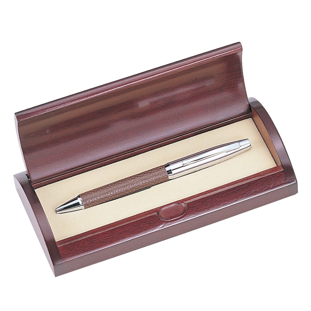 Executive Brown Leather Ball Pen in Curved Wooden Box
