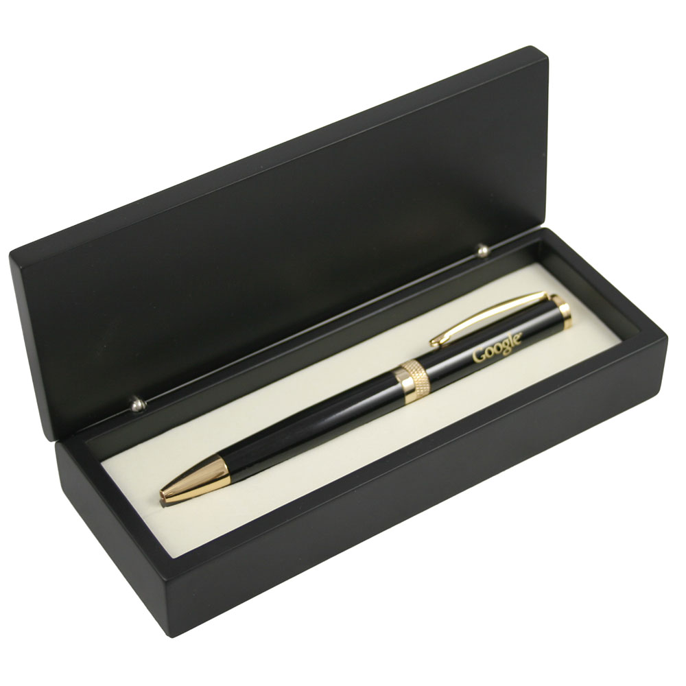 Glossy Black Ballpoint Pen with Gold Cut Accents in Wooden Box