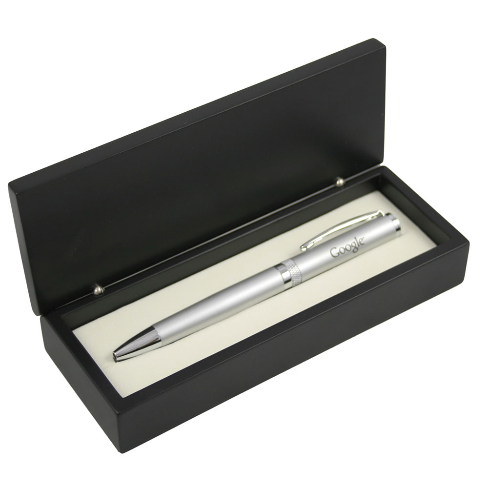 Satin Silver Ballpoint Pen with Diamond Cut Ring in Wooden Box