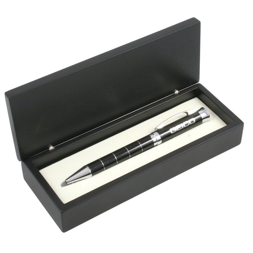 Silver Finish Circular Ring Ballpoint Pen in Wooden Box